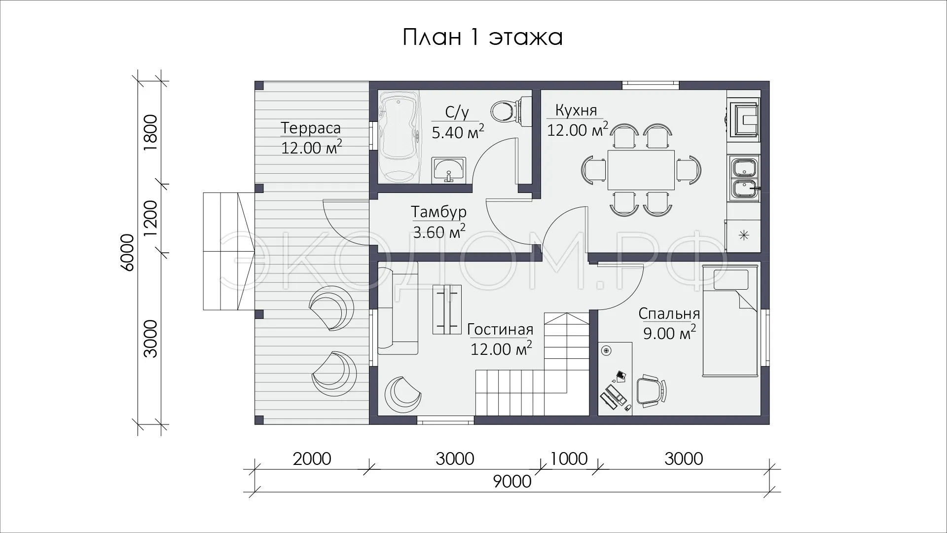Дом 9x6 - дом из бруса 9х6 - планировка 1 этажа