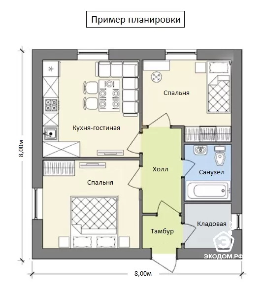 Дом 8x8  - дом из бруса 8х8 - планировка