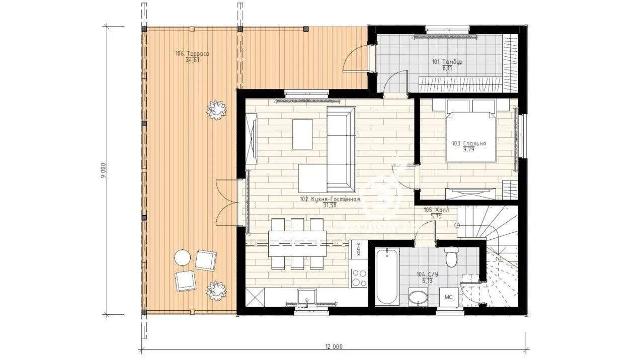 FJORD 145 - каркасный дом 13х9 - планировка 1 этажа