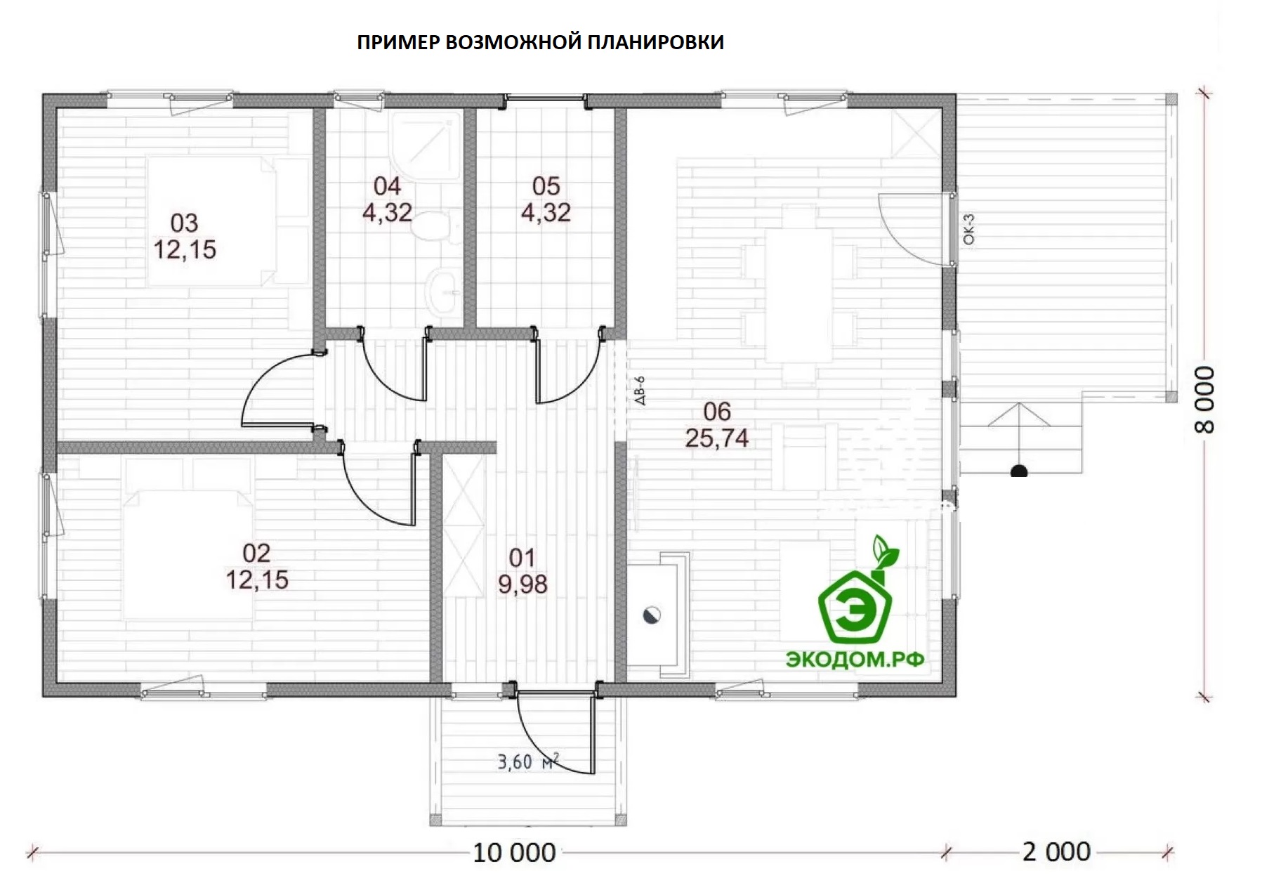 Дом 10x8 с террасой - дом из бруса 10х8 - планировка 1 этажа